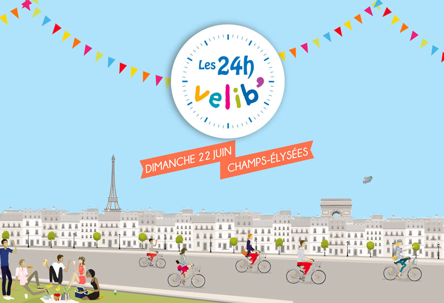 Illustration colorée des 24h Vélib' à Paris le 22 juin 2013 sur les Champs-Élysées, montrant un Paris stylisé avec des personnes souriantes chevauchant des vélos Vélib'