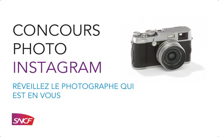 Image promotionnelle du concours Instagram de la SNCF en 2013, présentant des éléments visuels colorés et un appareil photo associé au logo SNCF