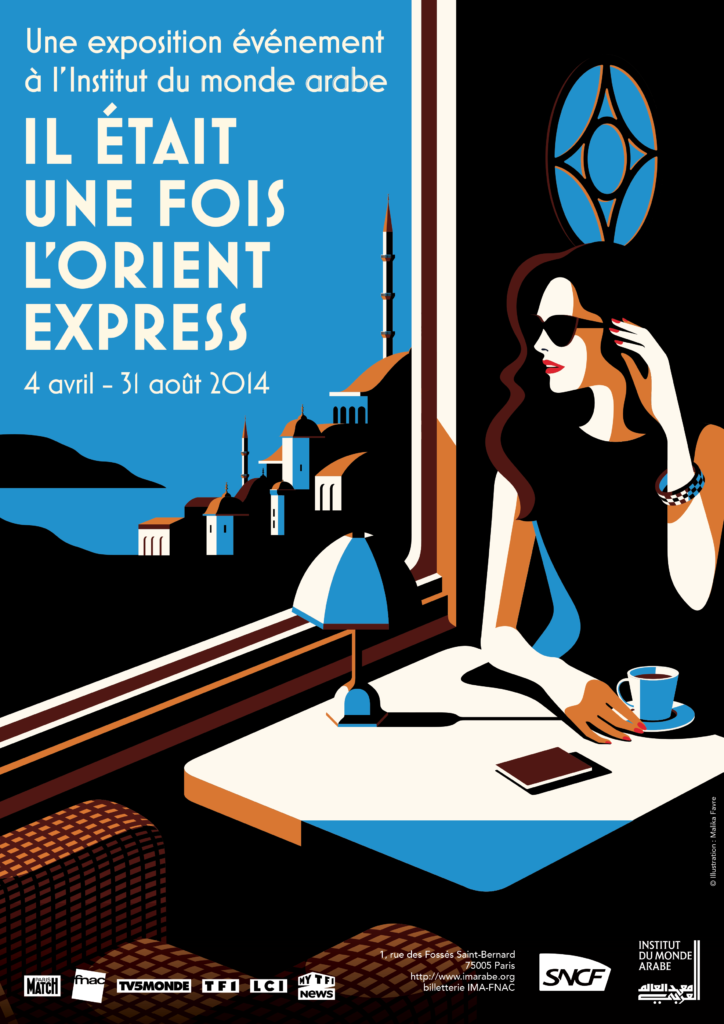 Affiche verticale de l'exposition 'Il était une fois l'Orient Express', organisée par l'Institut du Monde Arabe et la SNCF, mettant en lumière le train légendaire et son histoire.