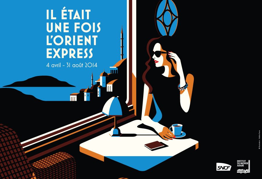 Illustration élégante de l'exposition 'Il était une fois l'Orient Express' à l'Institut du Monde Arabe en collaboration avec la SNCF, du 4 avril au 31 août 2014, montrant une dame bien habillée dans l'Orient Express, admirant le paysage d'Istanbul depuis la fenêtre du train