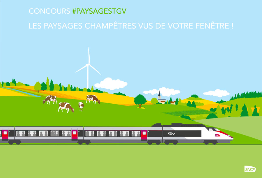 Illustration du concours Instagram #PaysagesTGV de la SNCF, présentant un dessin stylisé d'un TGV traversant une campagne pittoresque avec des collines, des arbres et un ciel bleu dégagé