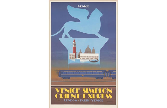Affiche promotionnelle du Venice Simplon Orient Express, présentant un dessin artistique de Venise et du train, invitant à découvrir le voyage mythique et luxueux à travers l'Europe