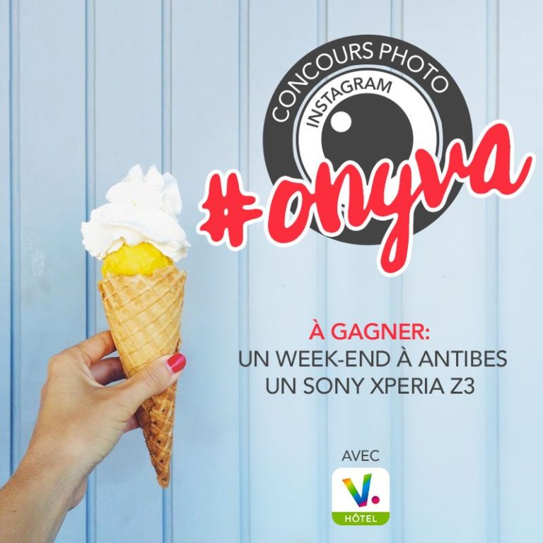 Main tenant une glace, avec le hashtag #onyva pour le concours photo Instagram de voyage-sncf.com