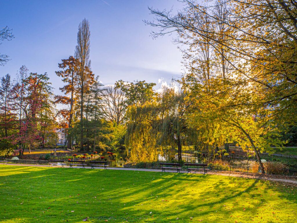 Une photo d’un jardin public appelé Jardin des Plantes, situé au Mans. La photo montre la partie du jardin aménagée à l’anglaise, avec des pelouses, des arbres, des massifs de fleurs et des allées sinueuses. Le jardin est entouré de bâtiments anciens et de murs de pierre. Le ciel est bleu et nuageux. La photo est prise par ParisianGeek, un blogueur spécialisé dans la culture et le patrimoine.