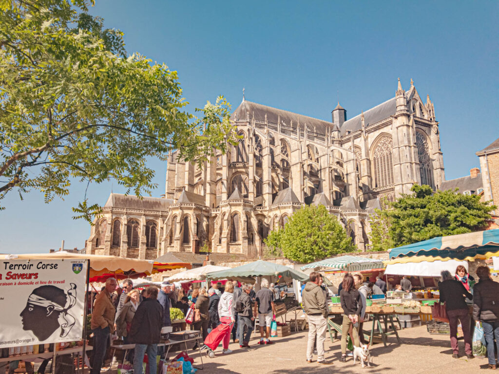 Marché des Jacobins devant la cathédrale Saint-Julien du Mans