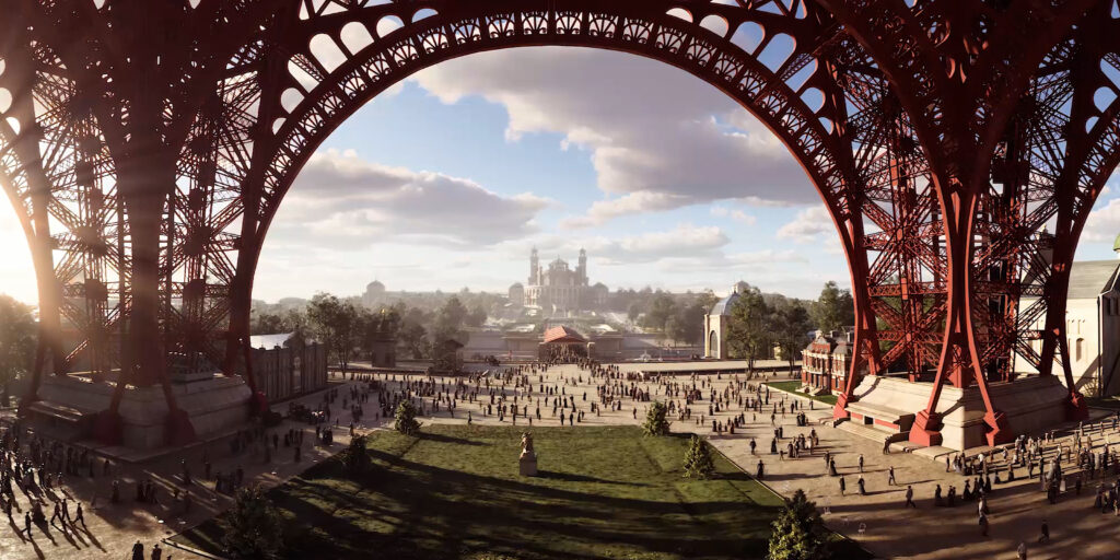 Une image illustrant l’expérience immersive en réalité virtuelle Paris Time Travel proposée par la Tour Montparnasse. L’image montre la Tour Eiffel pendant l'exposition universelle de 1889, telle qu’elle apparaît dans le casque de réalité virtuelle, vue depuis la Tour Montparnasse.