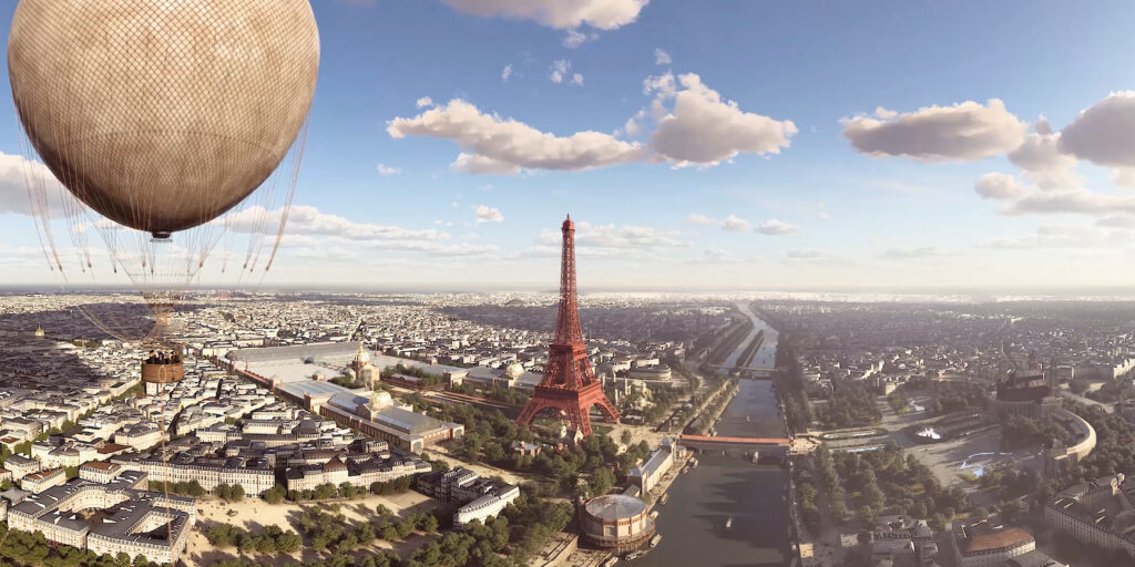 Une image illustrant l’expérience immersive en réalité virtuelle Paris Time Travel proposée par la Tour Montparnasse. L’image montre la Tour Eiffel en 1889, telle qu’elle apparaît dans le casque de réalité virtuelle, vue depuis la Tour Montparnasse.