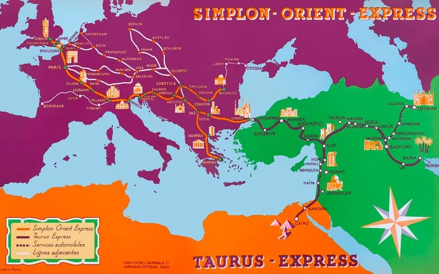 Carte illustrant les trajets du Simplon Orient Express et du Taurus Express, témoignant de l'étendue des parcours emblématiques.